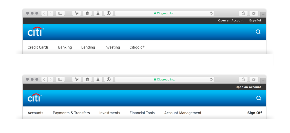Two screenshots of Citibank's website showing different navigation bars