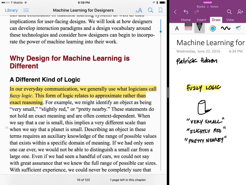 Split-view note-taking using iBooks and OneNote. (Alas, Kindle doesn't support this.)