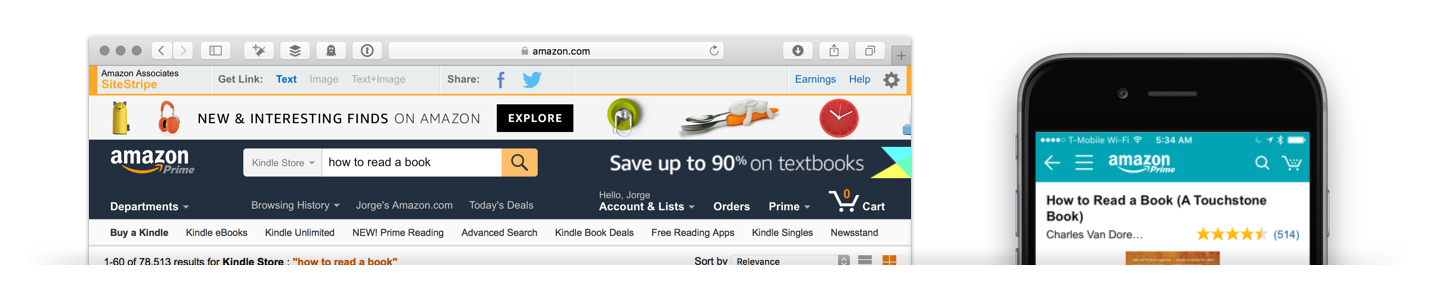 Screenshots of Amazon's shopping cart on the web and on mobile