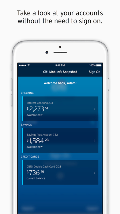 A screenshot of Citibank's mobile app
