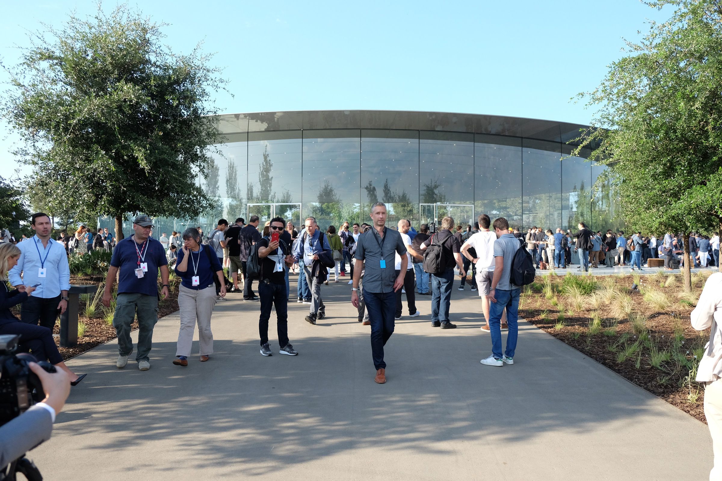 Entrance of the Steve Jobs Theater. This image is from a [great photo series](https://www.recode.net/2017/9/13/16299086/apple-park-steve-jobs-theater-iphone-event-photos) taken during the iPhone X introduction and published by Re/code.