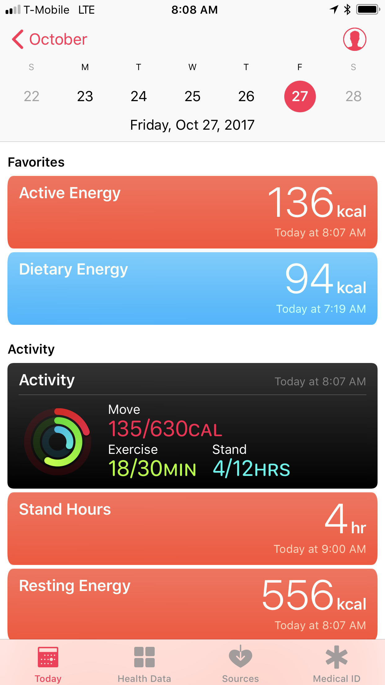 The 'Today' tab in Apple Health. I've favorited two variables: Active Energy and Dietary Energy.