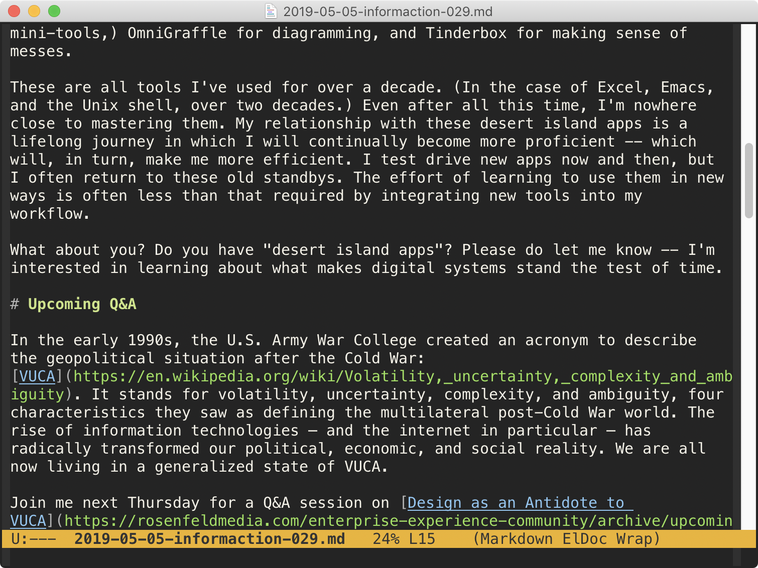 Editing my newsletter in Emacs.
