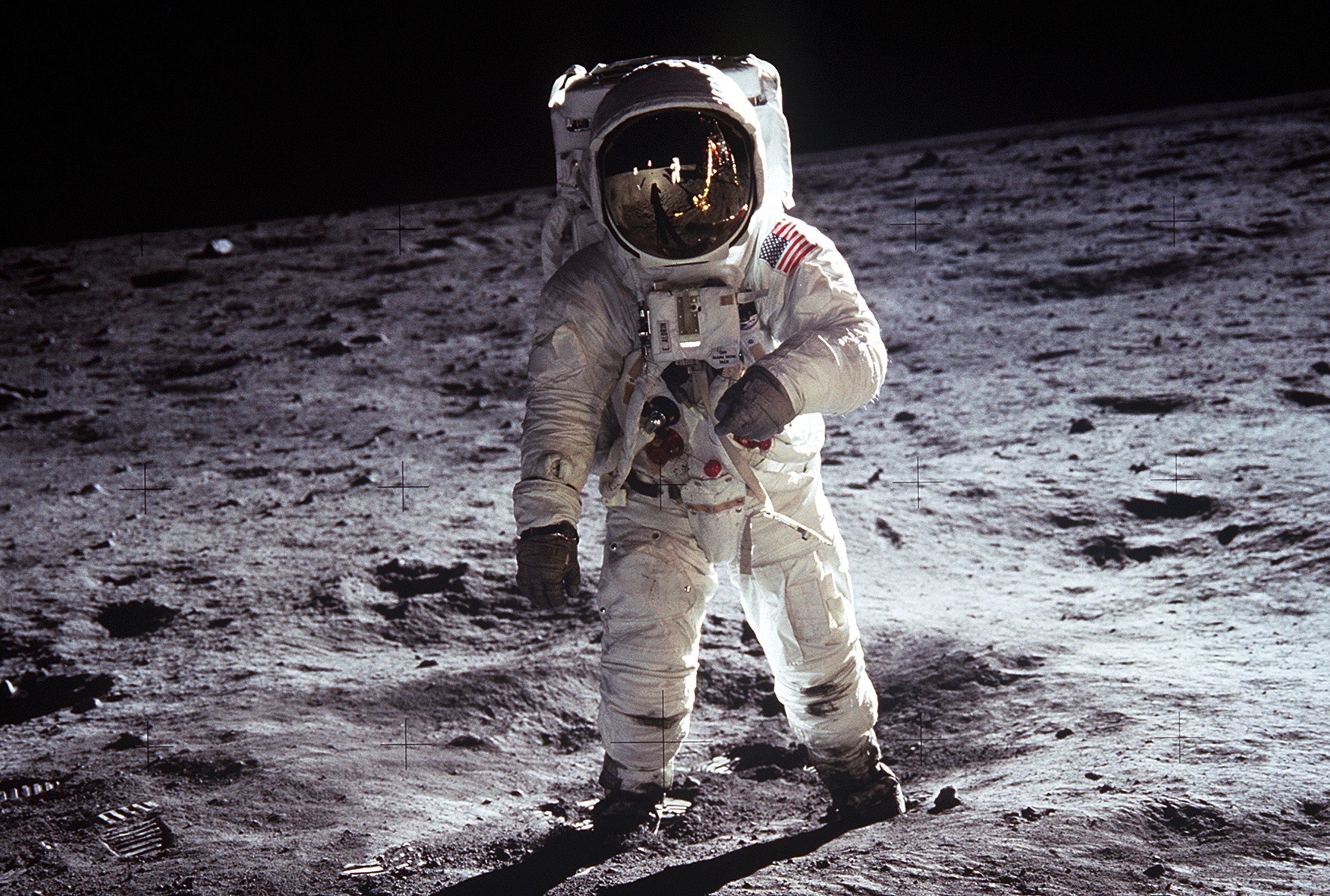 Buzz Aldrin walking on the surface of the moon, July 20, 1969.