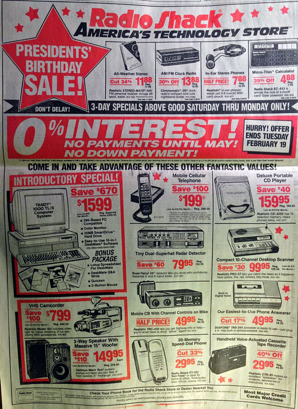 1991 Radio Shack ad. Taken from a Huffington Post post that points out the iPhone superseded all of these devices.