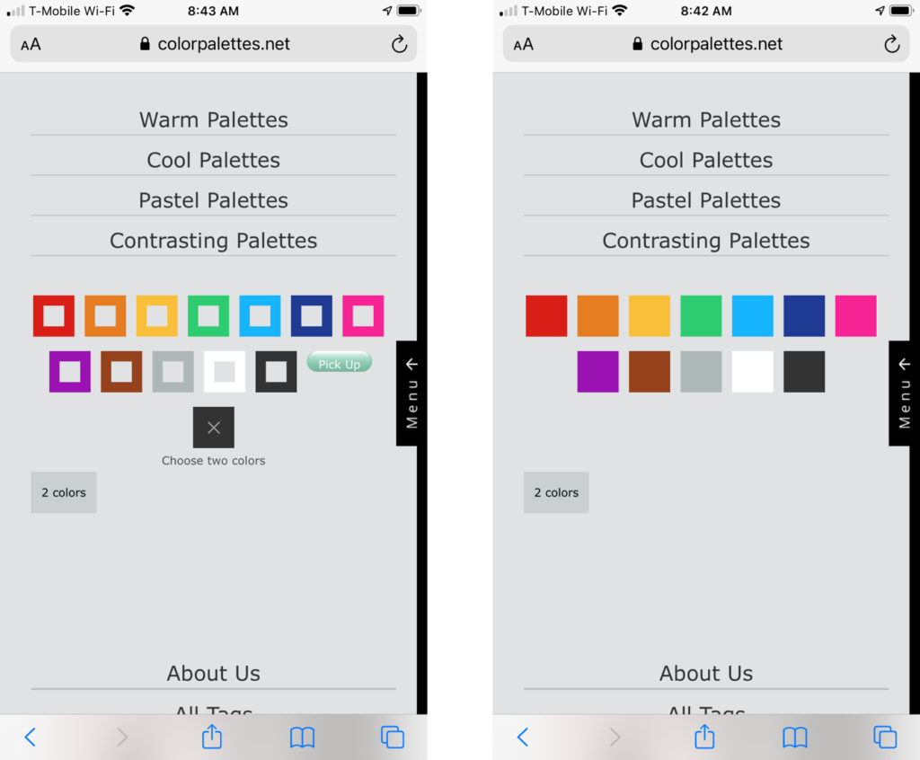 Color Palettes menu in a mobile device