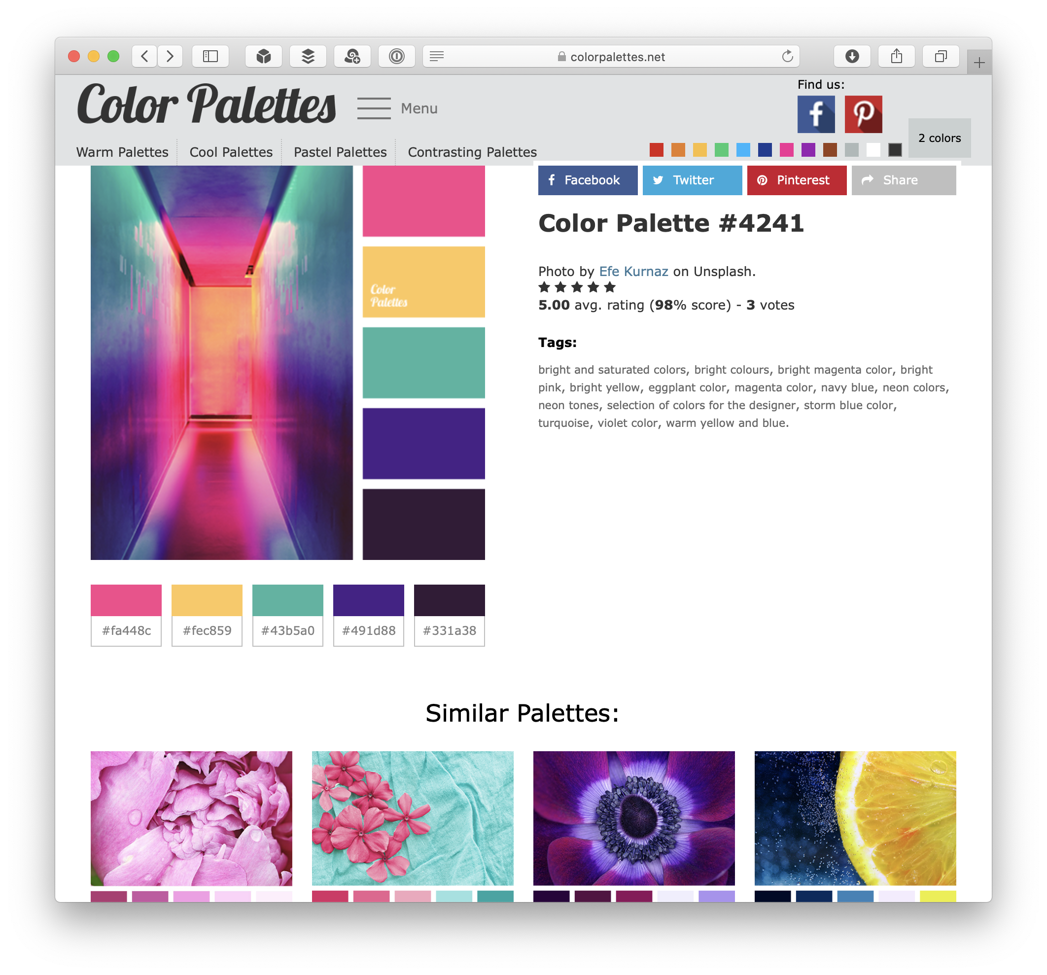 Color Palettes individual palette page