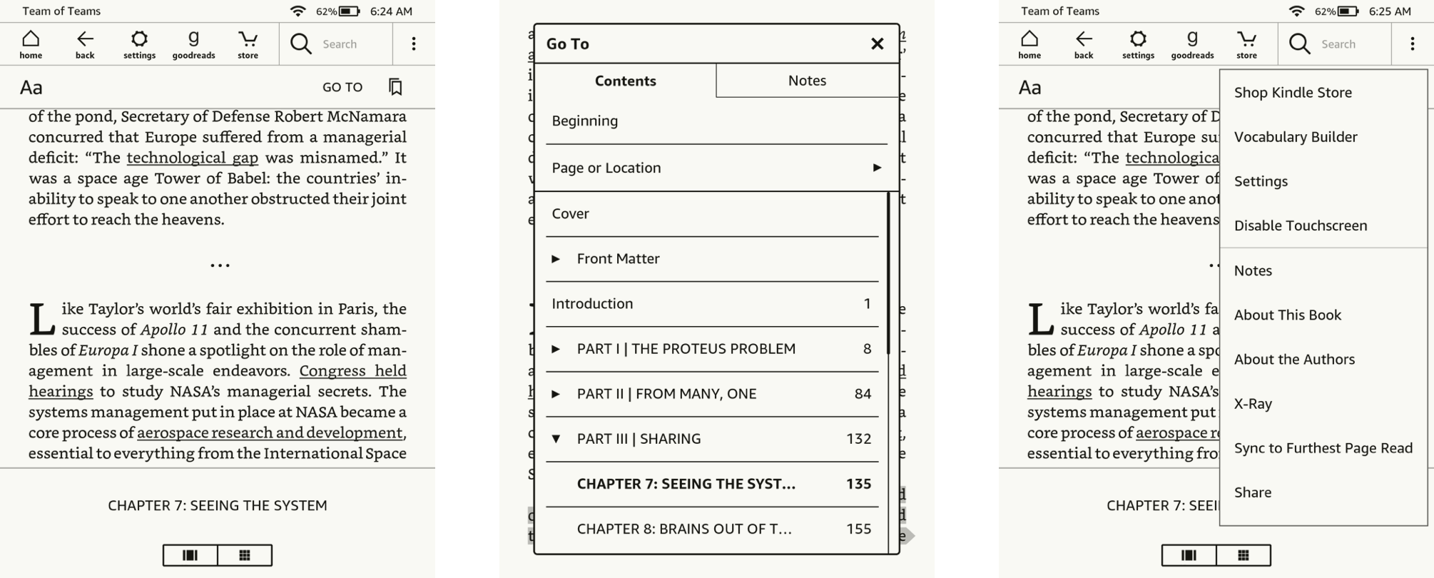 Navigation menus within a book in a dedicated Kindle device. The middle screenshot shows the contents of the "Go To" menu. The one on the right shows the generic "vertical ellipsis" menu.