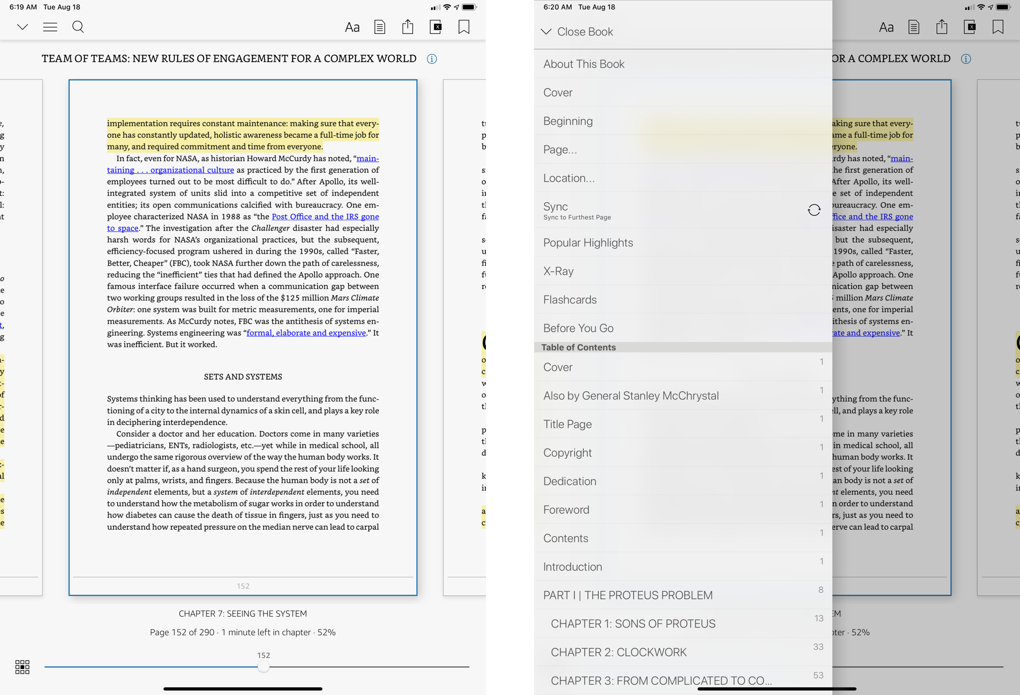 Navigation menus within a book in the Kindle for iPadOS app. The screen on the right shows the contents of the "hamburger" menu.