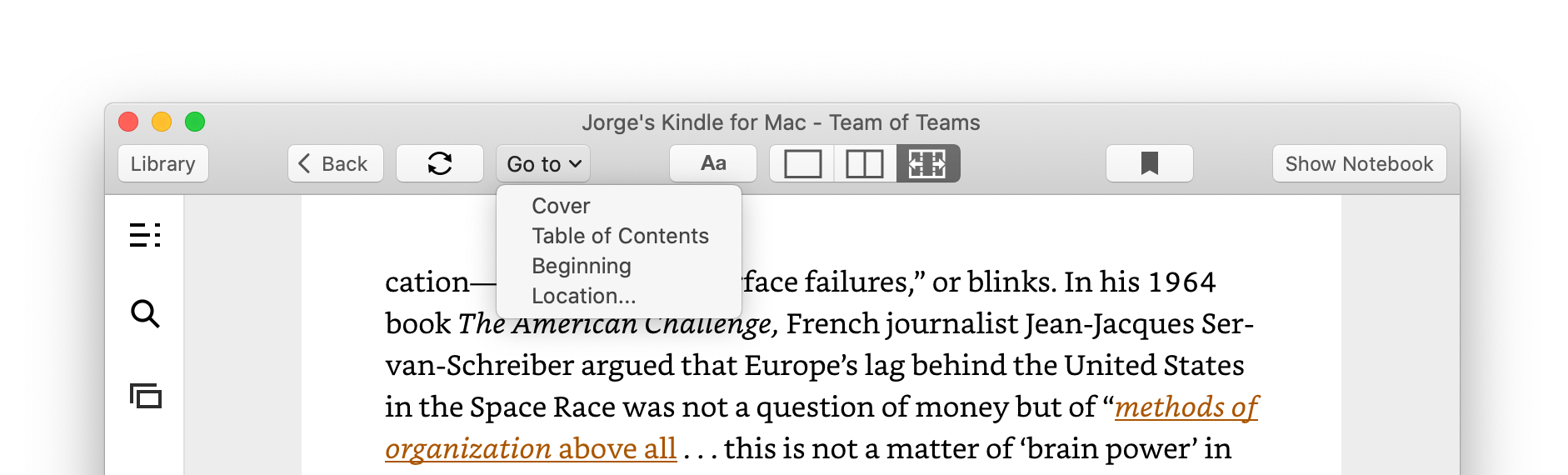 Navigation menus within a book in the Kindle app for macOS. Note the dedicated "Sync to Furthest Page Read" button next to the "Go to" menu.