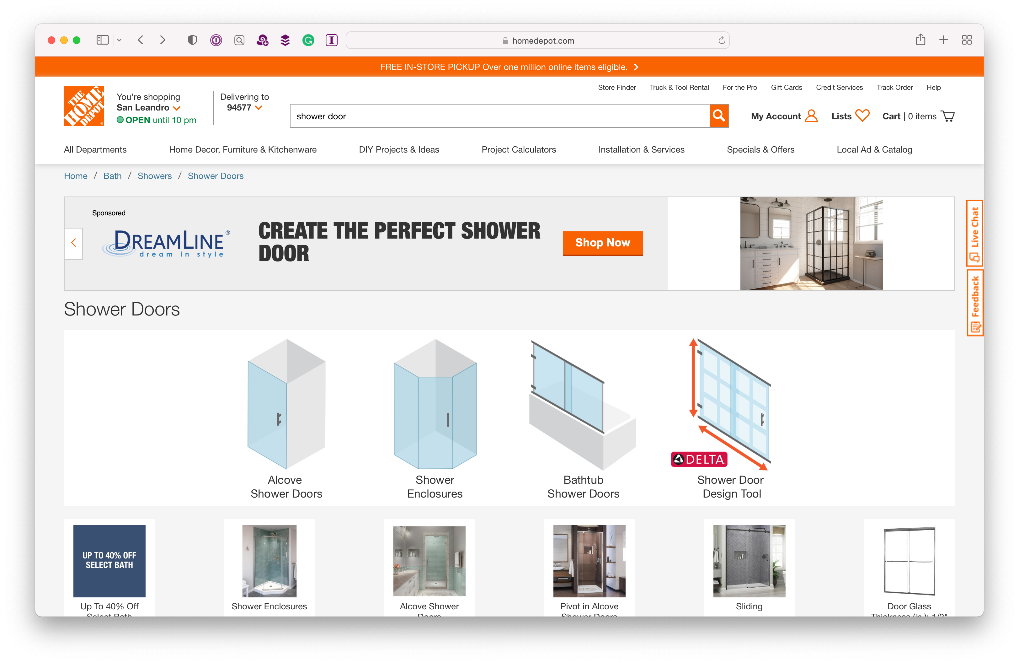 A search results screen on homedepot.com, showing four types of shower doors, illustrated with diagrams.