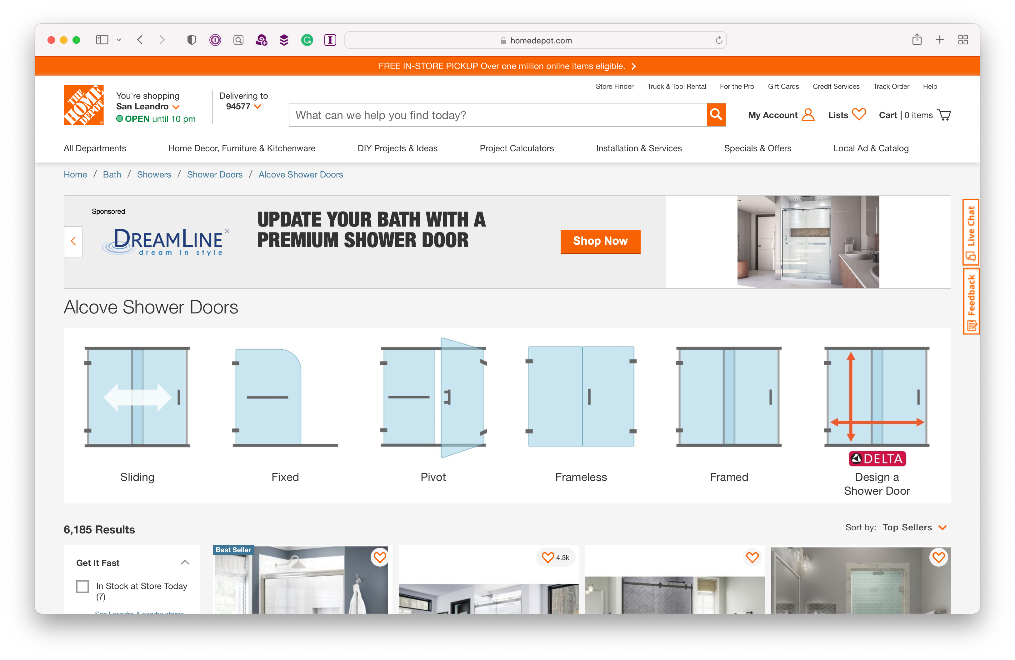 A search results screen on homedepot.com, showing types of mechanisms for affixing shower doors to homes, illustrated with diagrams.