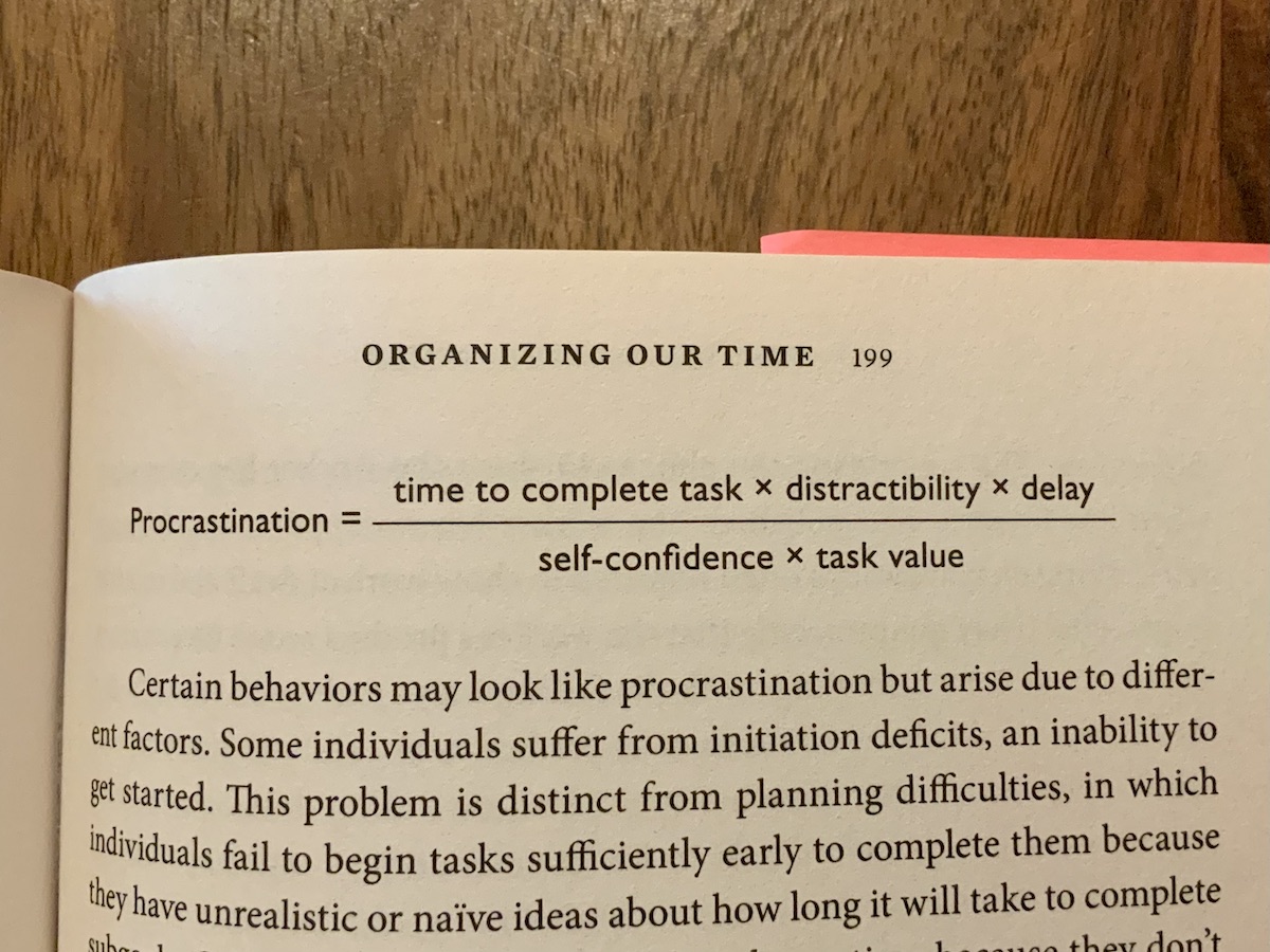 Photo of page 199 of The Organized Mind, which shows a formula: Procrastination = (time to complete task x distractibility x delay) / (self-confidence x task value)