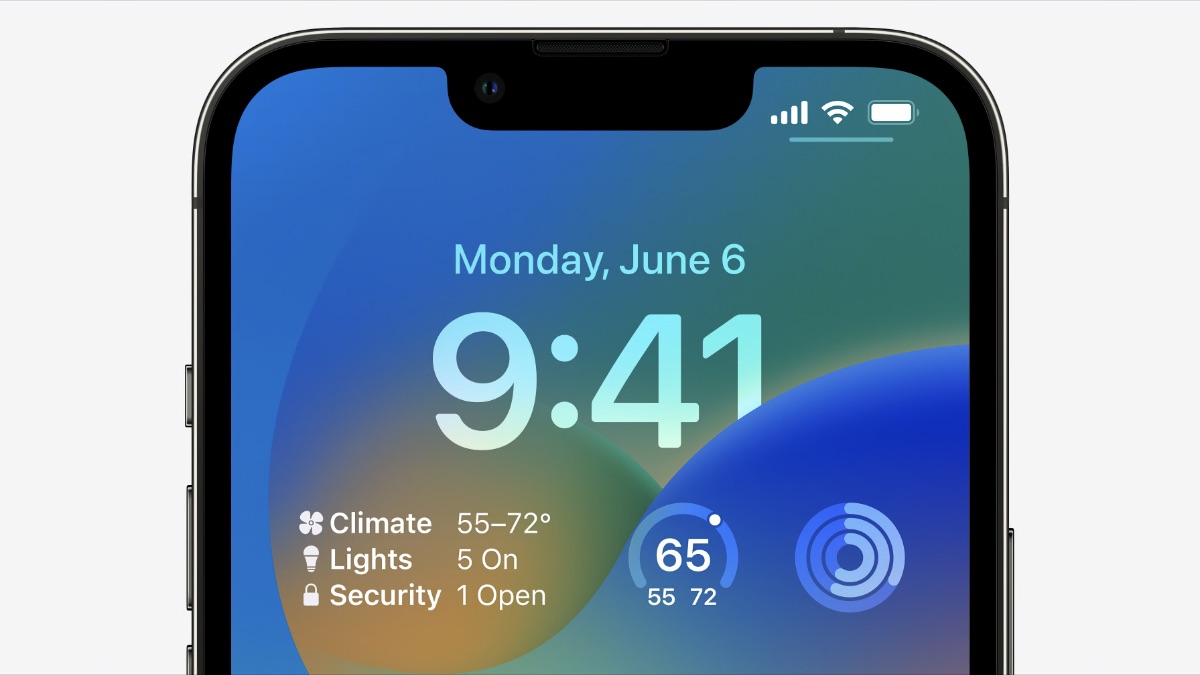 The iPhone's homescreen in iOS 16, showing the new Home app widgets. Image: Apple