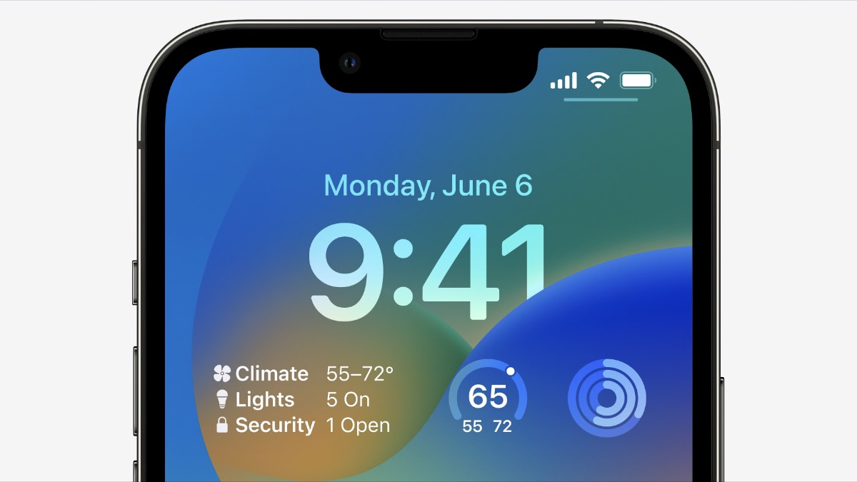  The iPhone's homescreen in iOS 16, showing the new Home app widgets. Image: Apple