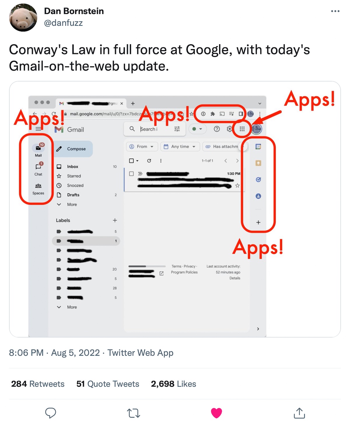 Tweet from @danfuzz that reads: 'Conway's Law inf full force at Google, with today's Gmail-on-the-web update.' There's a screenshot that shows the Gmail web interface with four separate areas of apps highlighted.
