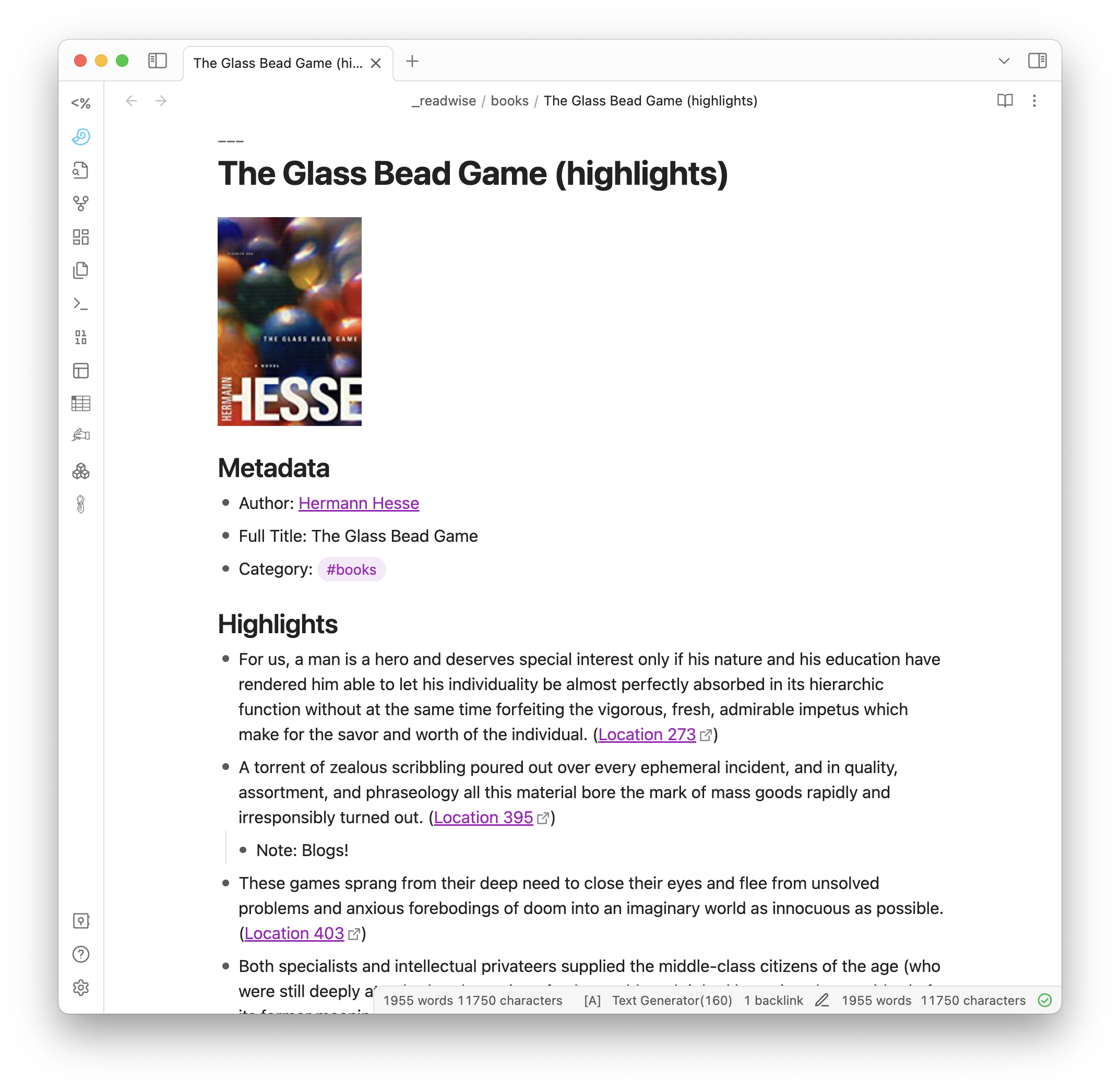 Screenshot of an Obsidian window showing kindle highlights from the novel 'The Glass Bead Game.'