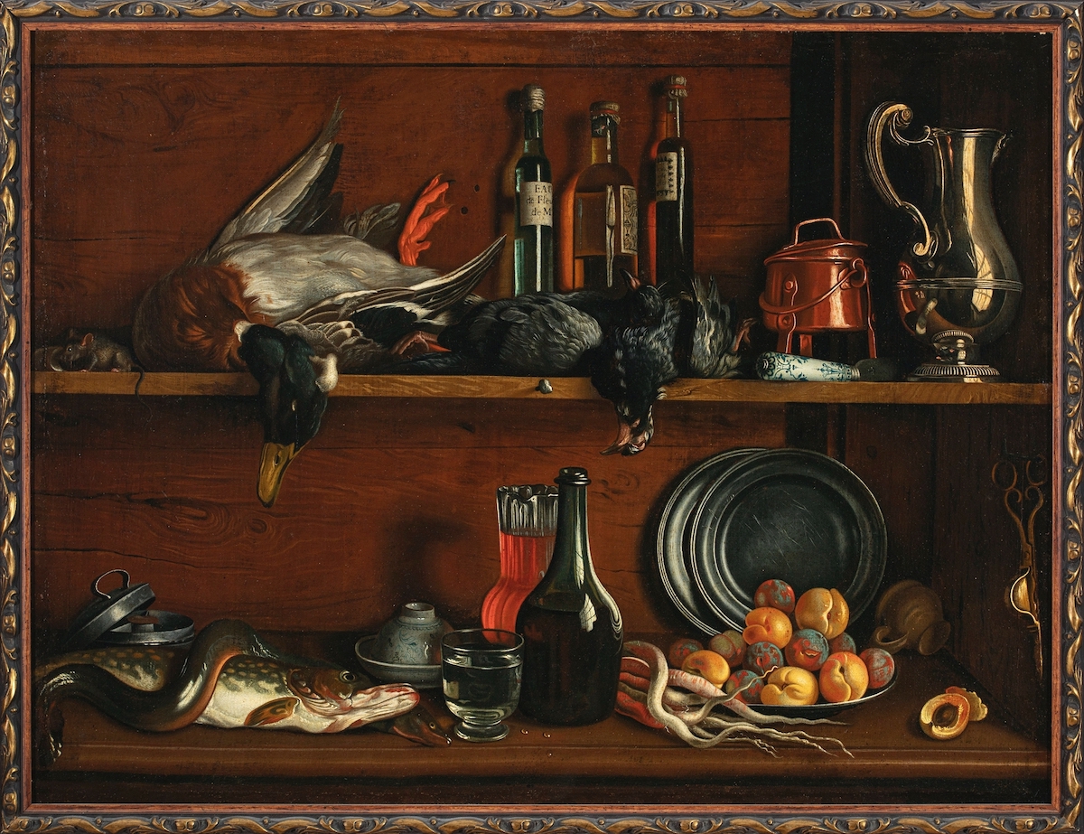 Painting: Trompe-l’oeil – cabinet in the pantry with wild fowls, fish and fruit
by Jean Valette-Falgores Penot