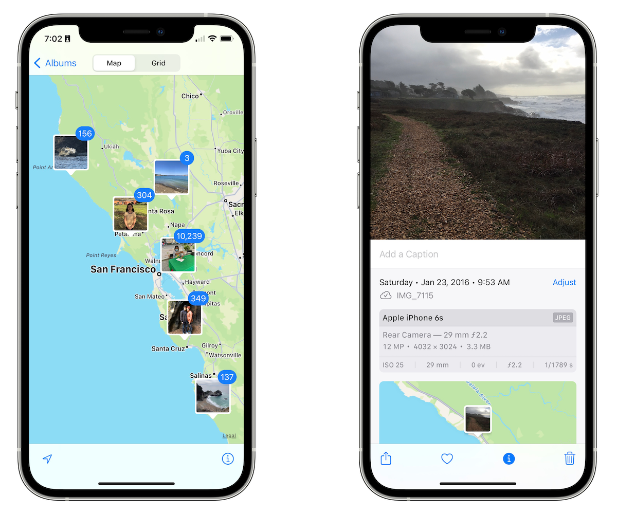 Two screenshots of the Photos app on iPhone: one shows a picture with its metadata descriptors, and the other shows the Photo app's map view showing clusters of photos taken around the San Francisco Bay area.