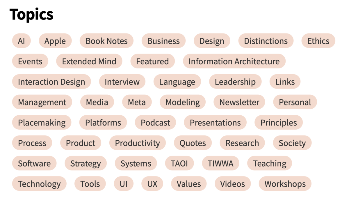 A screenshot from the jarango.com archives, showing a list of tags that include the following categories: Al, Apple, Book Notes, Business, Design, Distinctions, Events, Extended Mind, Featured, Information Architecture, Interaction Design, Interview, Language, Leadership, Links, Management, Media, Meta, Modeling, Newsletter, Personal, Placemaking, Platforms, Podcast, Presentations, Principles, Process, Product, Productivity, Quotes, Research, Society, Software, Strategy, Systems, TAOI, TIWWA, Teaching, Technology, Tools, UI, UX, Values, Videos, and Workshops