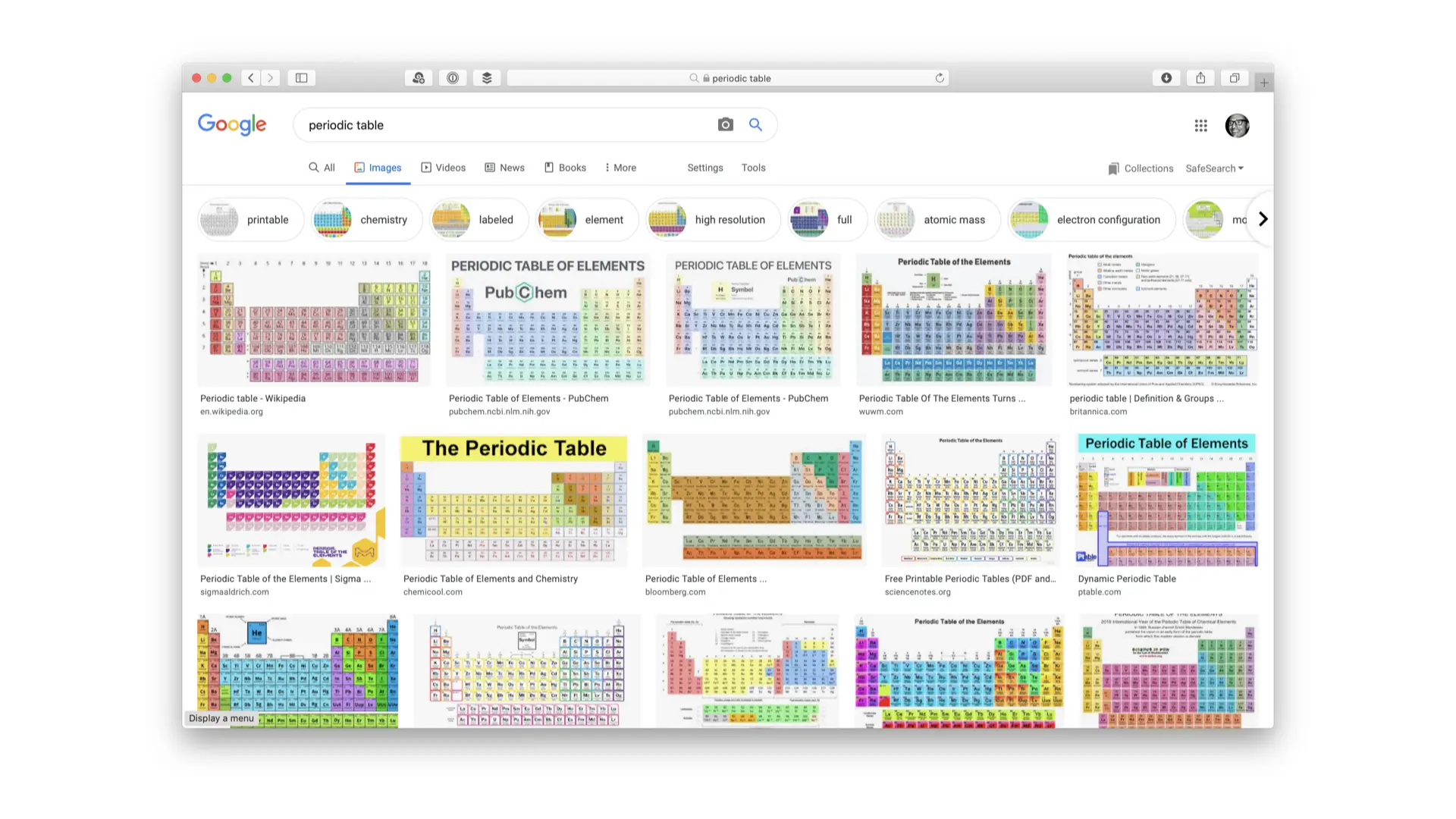A screenshot of a Google search results page for 'periodic table,' displaying thumbnails of various periodic table images with color-coded elements.