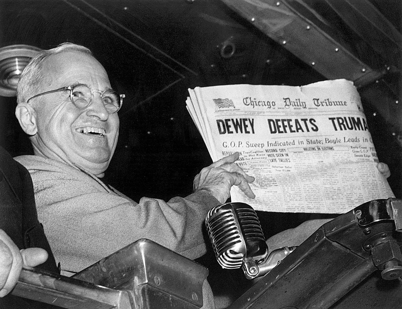 Harry S. Truman holding up a newspaper with the headline 'DEWEY DEFEATS TRUMAN.' Photo via [Wikipedia](https://commons.wikimedia.org/wiki/File:Dewey_Defeats_Truman.jpg)