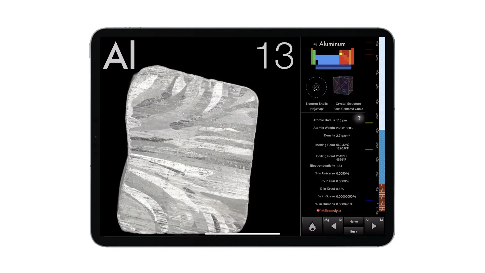 A screenshot from The Elements iPad app showing the various attributes of Aluminum
