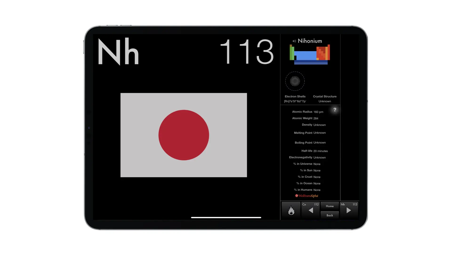 A screenshot from The Elements iPad app showing the various attributes of Nihonium