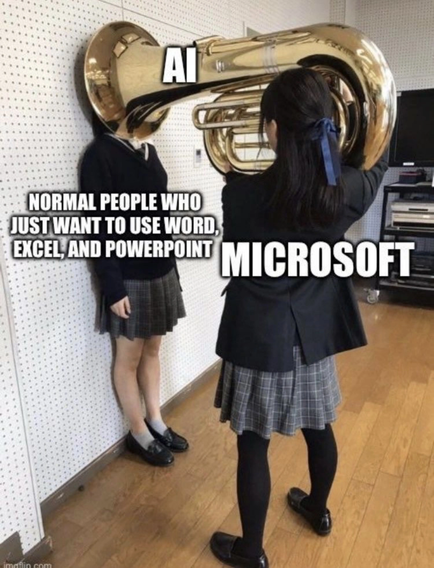 A meme image depicting two schoolgirls in uniforms. One girl holds a large tuba with the bell covering the other girl’s head. The tuba is labeled “AI,” the girl holding the tuba is labeled “Microsoft,” and the girl with her head inside the tuba is labeled “Normal people who just want to use Word, Excel, and PowerPoint.” Meme via <a href='https://www.facebook.com/docsearls/posts/pfbid02TeaTY64wqEZuSdUdMop56brGSykArpUj91GN9me8YWeE4YshRktu9UXv6rEgdH5Ll'>Facebook</a>
