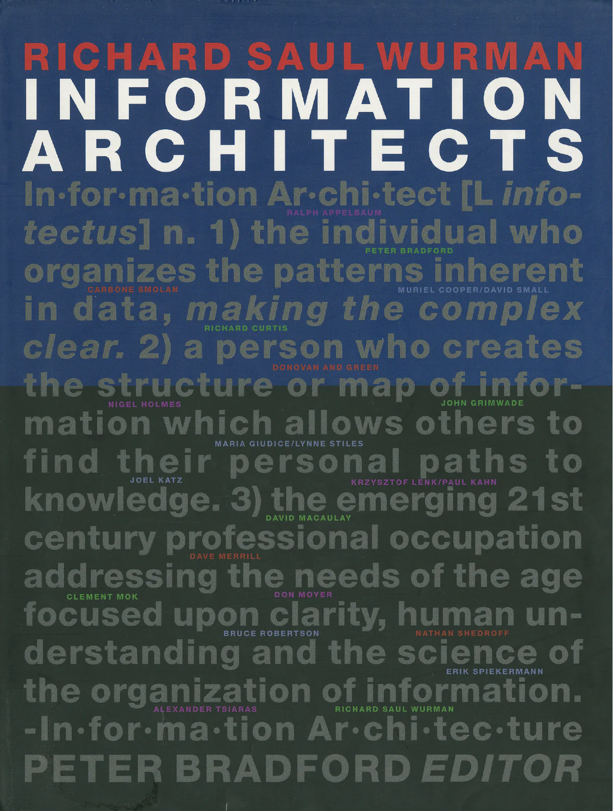 The cover of the book “Information Architects” by Richard Saul Wurman. The title is prominently displayed at the top in bold white letters, with Wurman’s name in red above it. The background features a large block of text that defines “Information Architect” in varying font sizes and colors. The text highlights different perspectives on the role, emphasizing the organization of data patterns, the creation of structures for information, and the emerging professional occupation in the 21st century focused on clarity and understanding.