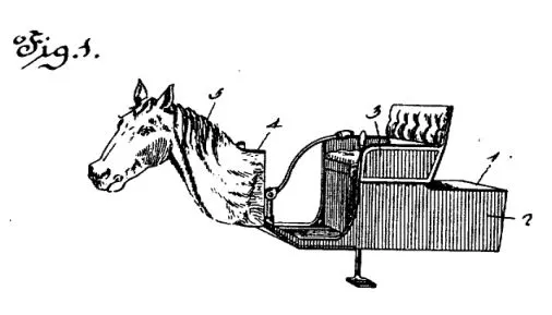 Patent illustration of a vehicle chassis with a horse's head affixed to the front Patent diagram of Horsey Horseless (1899) via [Wikimedia](https://en.wikipedia.org/wiki/Horsey_Horseless#/media/File:Horsey_Horseless_-_1899_horse-headed_car_by_Uriah_Smith.jpg)