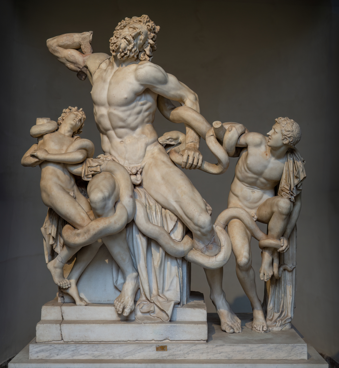 A marble sculpture depicting the dramatic scene of Laocoön and his two sons being attacked by serpents. The central figure, Laocoön, is a muscular, bearded man in a contorted pose, struggling against a snake coiling around his body. His face expresses intense pain and anguish. On either side, his two sons are also entangled by the serpents, each displaying fear and desperation. The sculpture is detailed and dynamic, with intricate depictions of human anatomy and the sinuous movement of the snakes, emphasizing the tension and suffering in the scene. The artwork rests on a pedestal with a neutral background. Photo by Wilfredo Rafael Rodriguez Hernandez - Own work, CC0, via <a href='https://commons.wikimedia.org/w/index.php?curid=145566250'>Wikimedia</a>