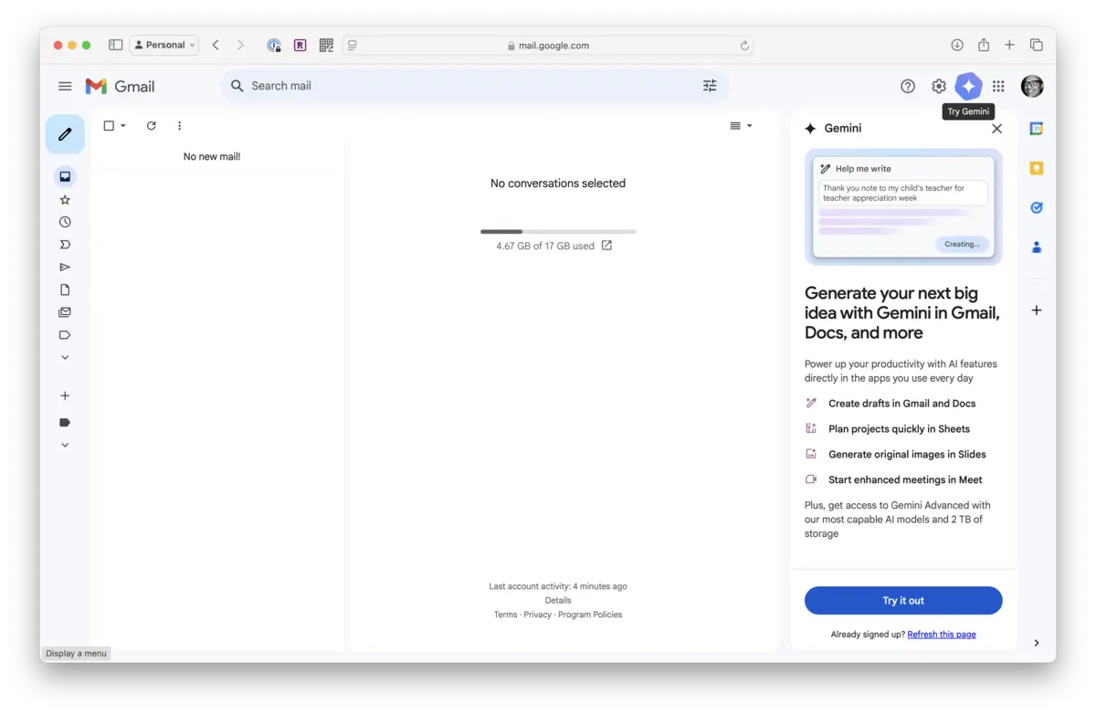 A screenshot of the Gmail UI showing the 'Try Gemini' feature: a chatbot panel that opens on the right side of the interface. Gmail's Gemini AI panel.