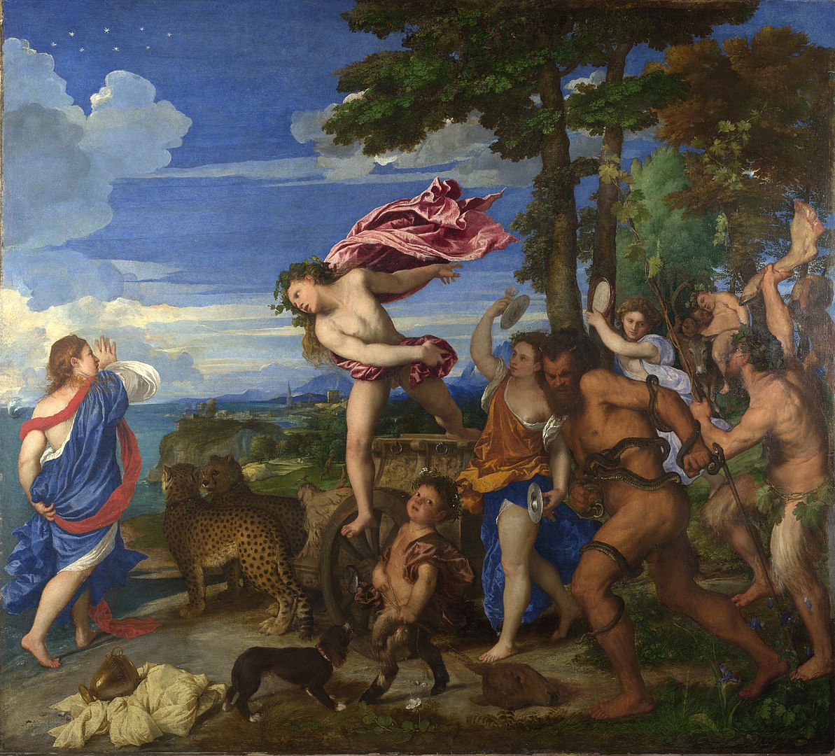 Renaissance painting of Bacchus leaping from a chariot toward Ariadne on a seashore, surrounded by leopards, satyrs, and revelers in a lush, dramatic landscape. Titian's _Bacchus and Ariadne_ - National Gallery, London, Public Domain via [Wikimedia](https://commons.wikimedia.org/w/index.php?curid=611549)