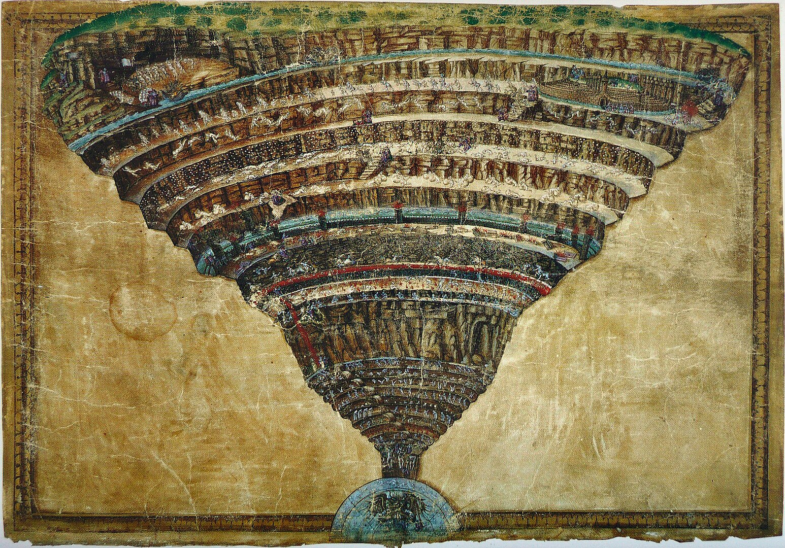 Renaissance illustration of Dante’s Inferno by Botticelli, depicting Hell as a funnel-shaped descent through nine concentric circles. _The Map of Hell_ painting by Sandro Botticelli, via [Wikimedia](https://en.wikipedia.org/wiki/Inferno_(Dante)#/media/File:Sandro_Botticelli_-_La_Carte_de_l'Enfer.jpg)