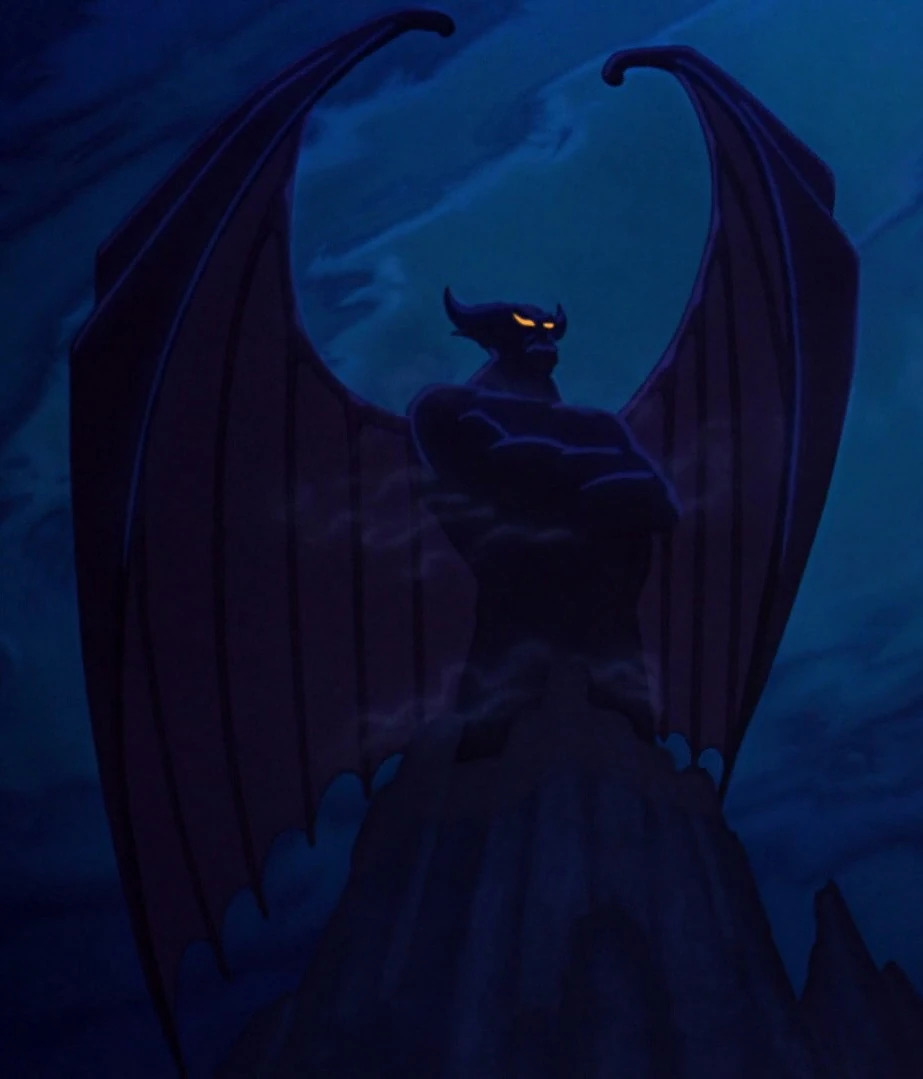 Dark animated depiction of the demon Chernabog with glowing eyes and outstretched wings, standing atop a mountain in a night scene from Disney’s Fantasia. Chernabog in Disney's FANTASIA, via [Disney Wiki](https://disney.fandom.com/wiki/Chernabog)