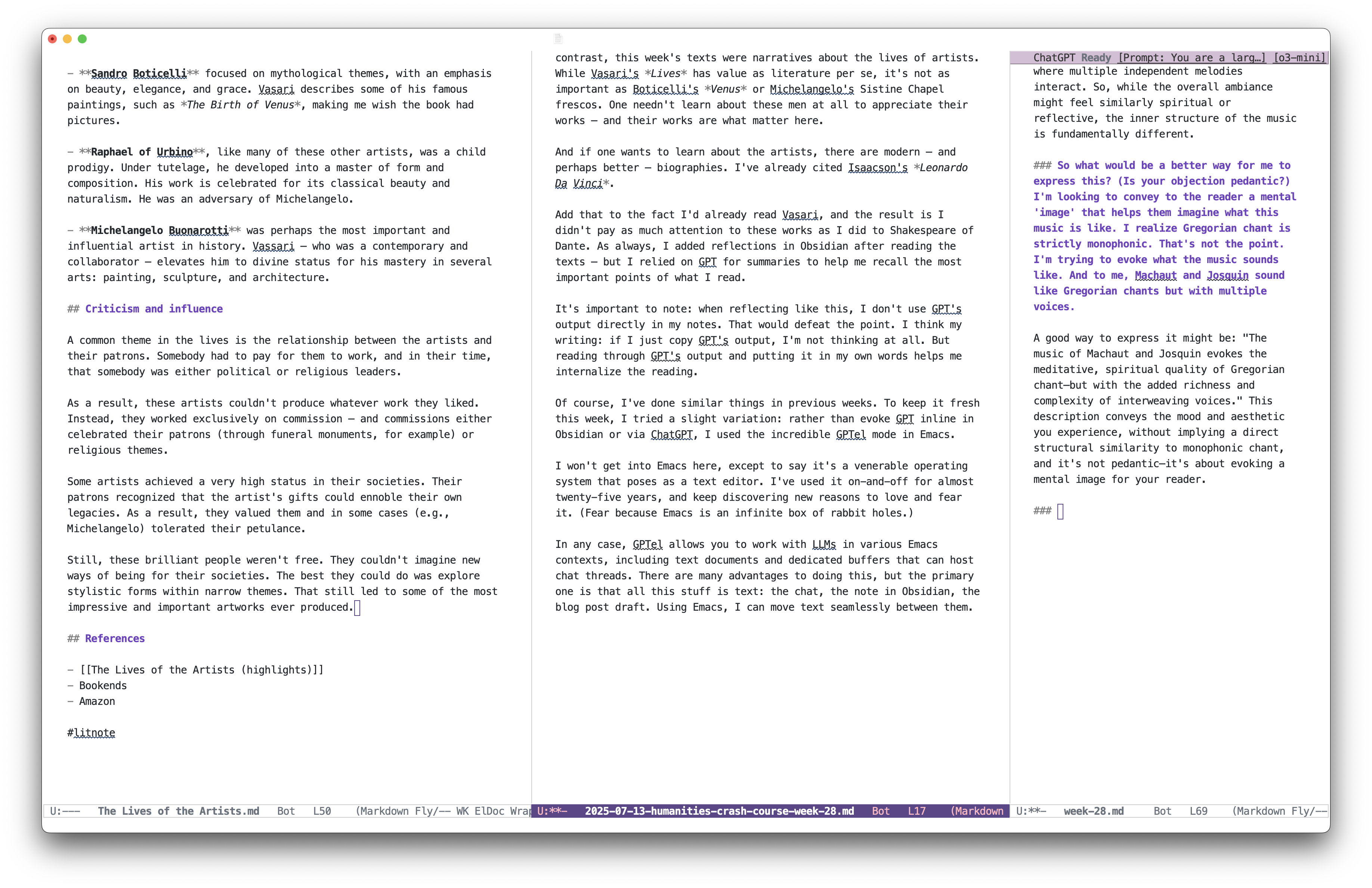 A three-pane Emacs window shows a writing workflow. The left pane shows an Obsidian note on Renaissance artists and patronage. The center pane shows Markdown for an in-progress blog post. The right pane displays an inline ChatGPT exchange about describing early polyphonic music. Three buffers in Emacs. From left to right: an Obsidian note, a blog post draft, and at gptel conversation.