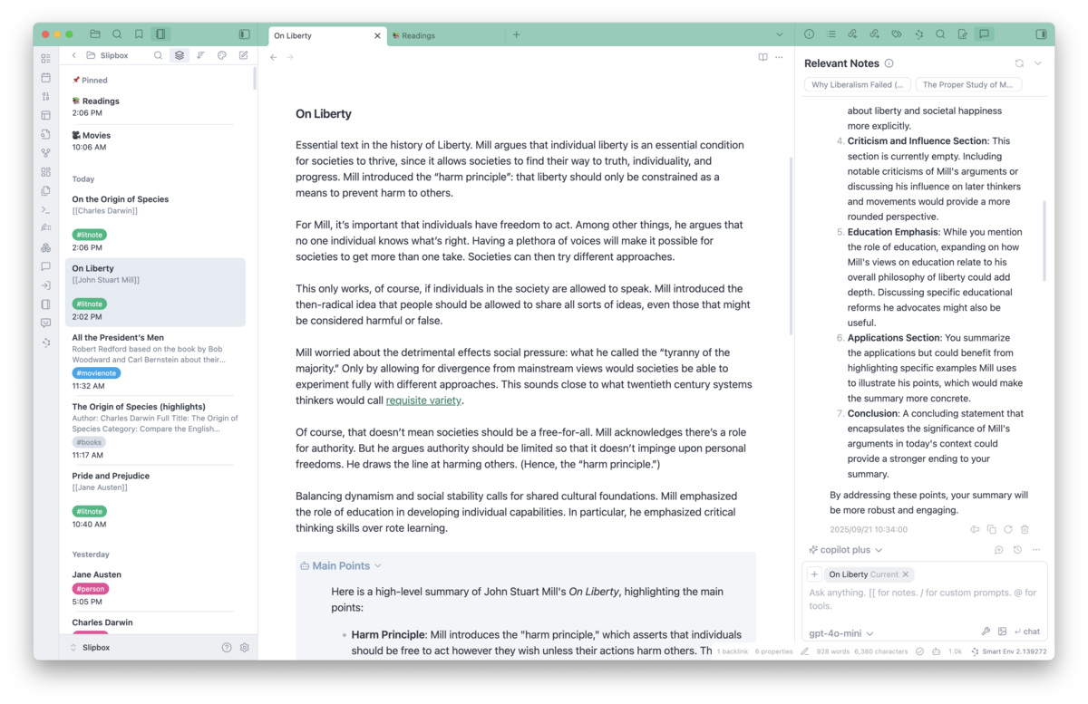 A screenshot showing an Obsidian window with three panes. On the left is a list of notes, each with a colorful tag. In the middle is a note about John Stuart Mill’s On Liberty. On the right is an LLM chat conversation about the Mill work. 
