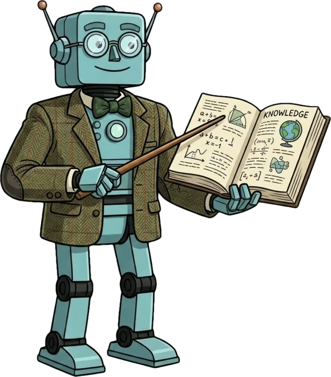 Cartoon drawing of a green robot in a tweed jacket pointing at a book. Image by Nano Banana 2.