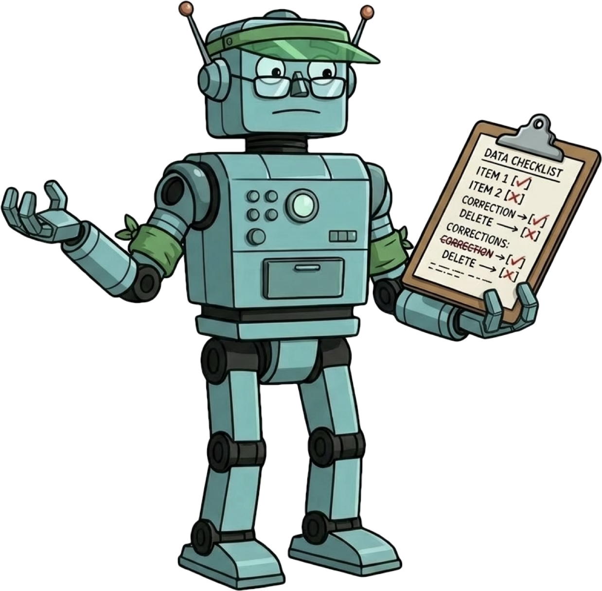 Cartoon drawing of a green robot wearing an accountant’s green visor and holding a checklist. Image by Nano Banana 2.
