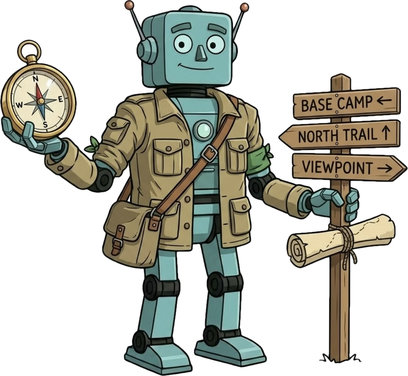Cartoon drawing of a green robot in an explorer jacket holding a compass in one hand and a wayfinding sign on the other. Image by Nano Banana 2.