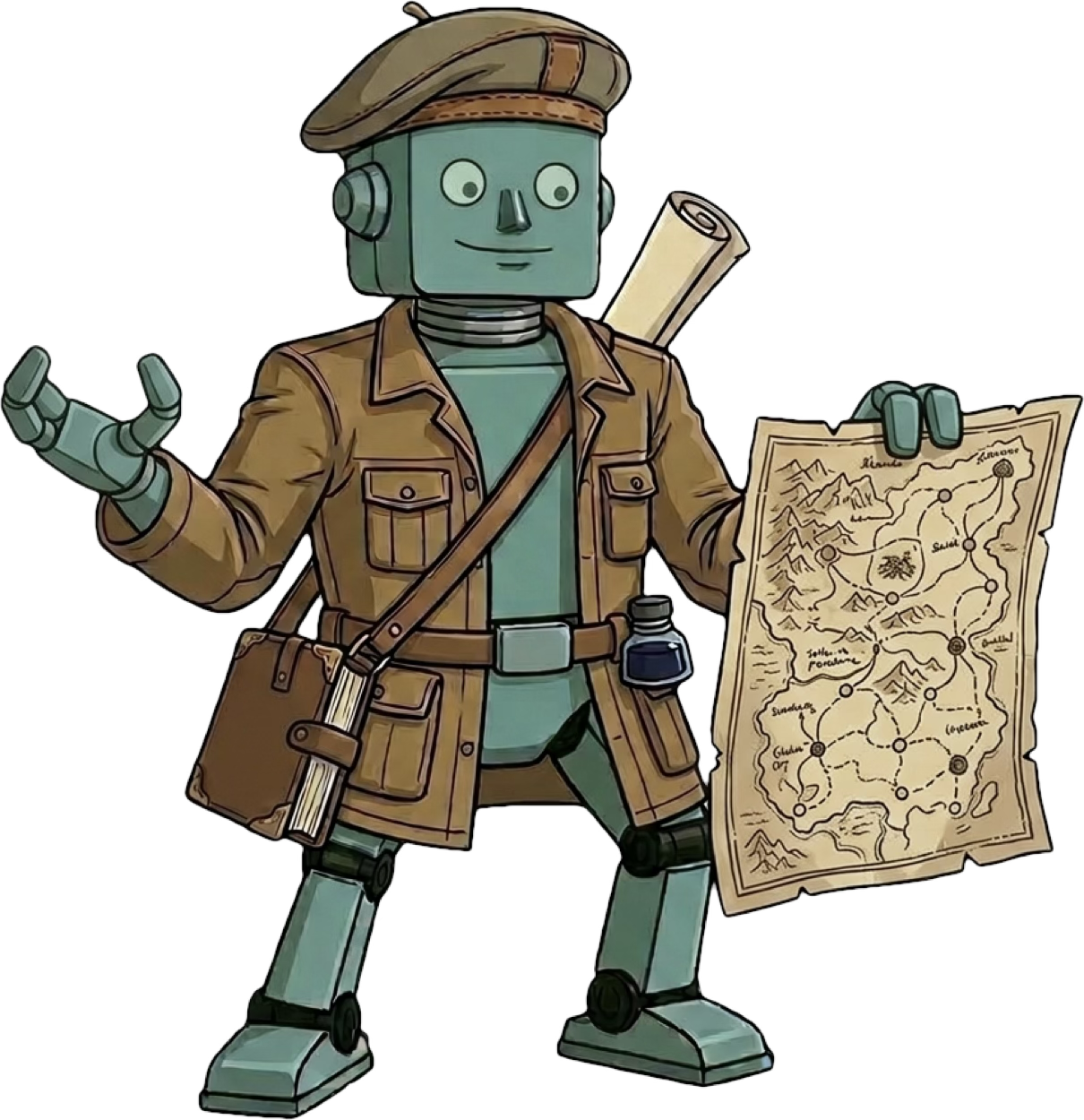Cartoon drawing of a green robot wearing a beret and a military jacket and holding up a map. Image by Nano Banana 2.