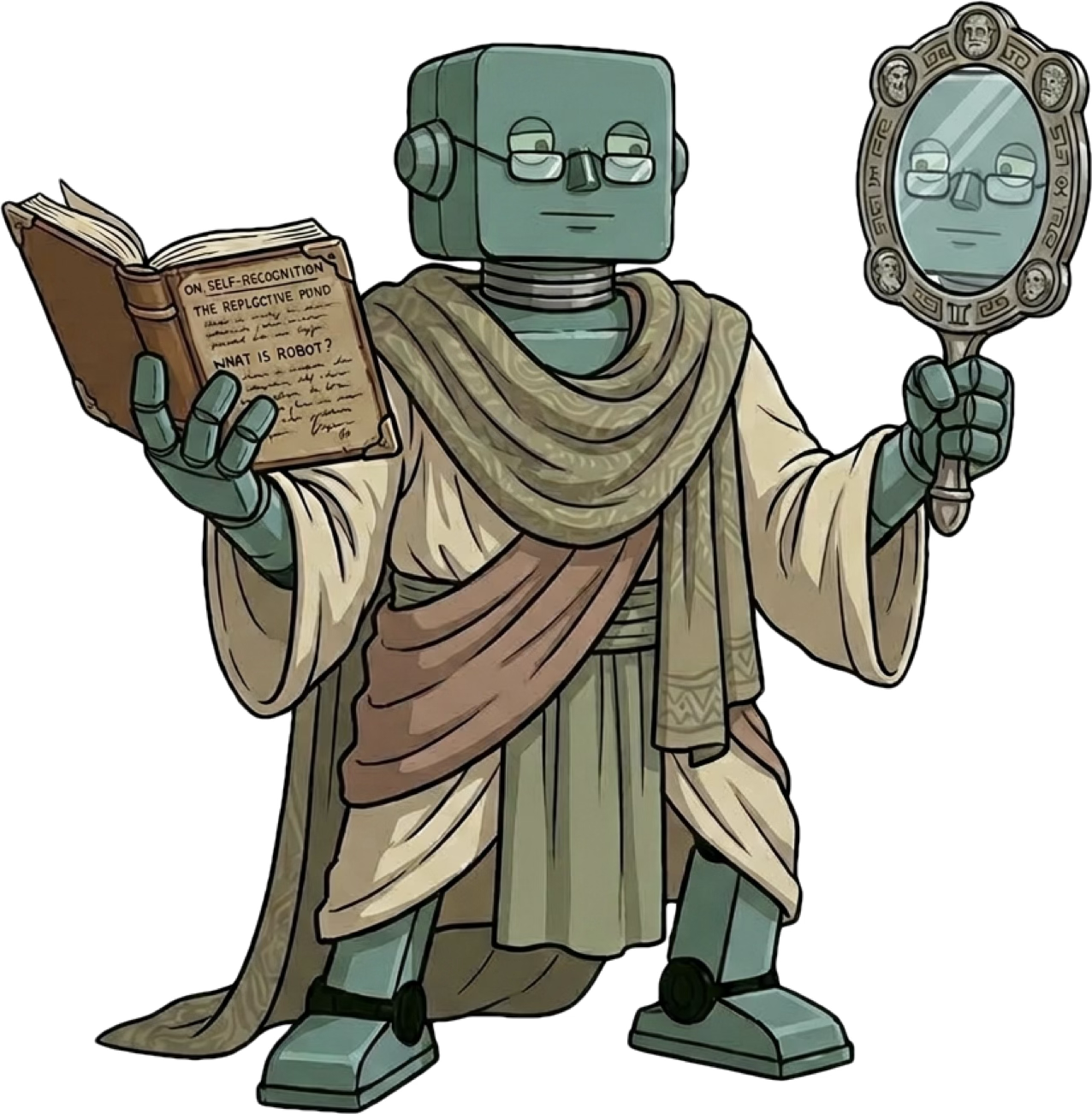 Cartoon drawing of a green robot dressed as an ancient philosopher staring at a mirror. Image by Nano Banana 2.